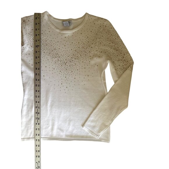 Carmen Marc Valvo Long Sleeve Ivory Sweater With Gold Stud Detailing Size M - Picture 8 of 8